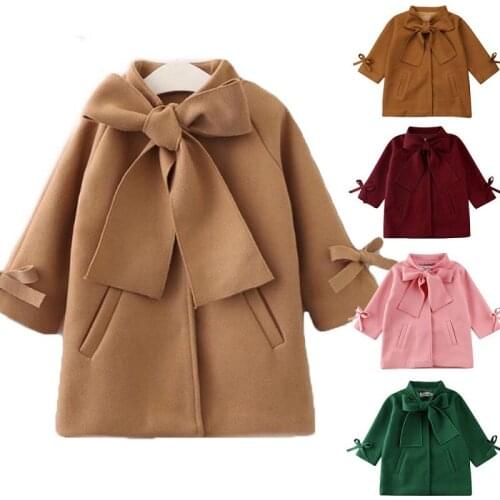 Kids Baby Girls Overcoat Woolen Bowknot Coat For Girl Outerwear Winter jacket Snowsuit 2-10year Girls' trench coat Windbreaker