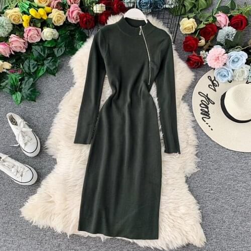Autumn Winter Women Long Sleeve Sweater Dress High Elasticity Knitted Dress Female Solid Slim Basic Turtleneck Sweater Vestidos