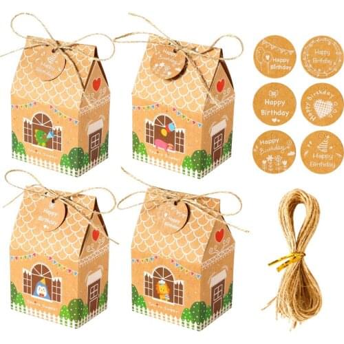 12sets House Shape Kraft Gift Box Lovely Dinosaur Sloth Cartoon Candy Boxes with Tag Rope Baby Shower Birthday Party Favor Bag