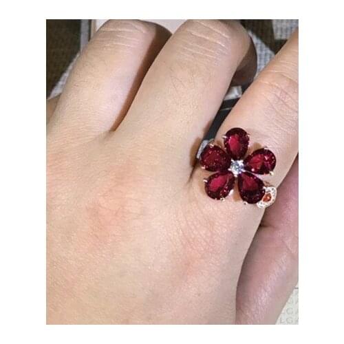 Romantic flower ring natural crystal ruby ring red gem-stone sparkling cz zircon drill ring