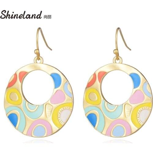 Shineland 2021 New Fashion Women Colorful Enamel Hollow Circle Dangle Earrings Bohemian Ethnic Jewelry Christmas Wedding Gifts