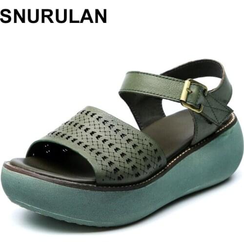 SNURULAN women 2020 real leather wedge sandals summer casual shoes retro open toe women platform sandals Sandalia
