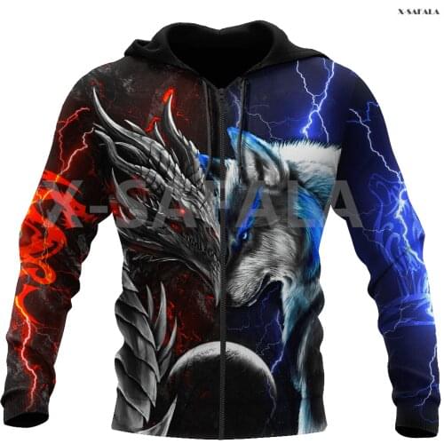 Amazing Dragon And Wolf Tattoo Pattern 3D Over Printed Hoodie Man Women Unisex Outwear Zipper Pullover Sweatshirt Casual