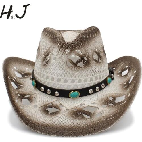 Women Men Western Sun Hat With 2019 Leather Punk Band Handmade Weave Beach Sun Sombrero Cowboy Hat Size 58CM A0156