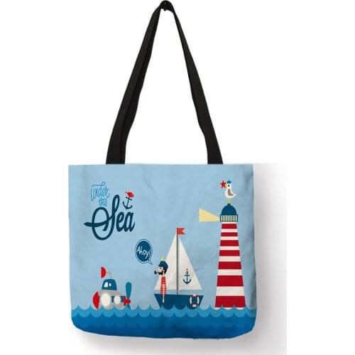 Cartoon Ocean Voyage Design Handbag Sail Boat Wave Printed Tote Bag Light Blue Color Lightweight Linen Student Book Shoulder Bag