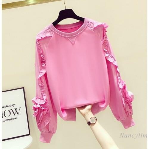 Pink Hoodie Women Spring Autumn New Loose Sweet Ruffled Three-Dimensional Flower Lantern Sleeve Crew Neck Pullover Sweatshirt