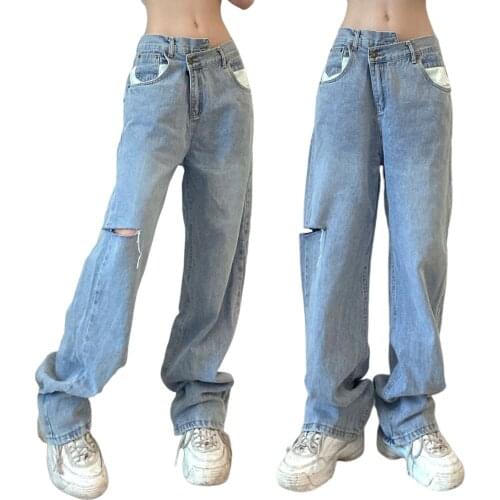 Women Wide Leg Jeans Trendy Irregular High Waist Loose Denim Pants with Ripped Holes Casual Ripped Jeans Straight Mopping Pants