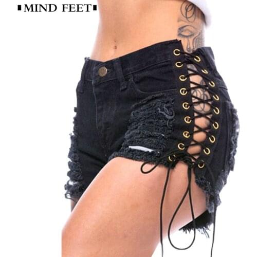 MIND FEET Summer Women Short Jeans Plus Size Hot Style Sexy Cross Bandage Hole Punk Denim Shorts Tassel Elastic Short Jeans