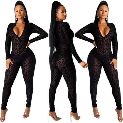 ZKYZWX Sexy Black Leopard Mesh Sheer Rompers Womens Jumpsuit Festival Clothes One Piece Club Long Sleeve Zip Bodycon Jumpsuit