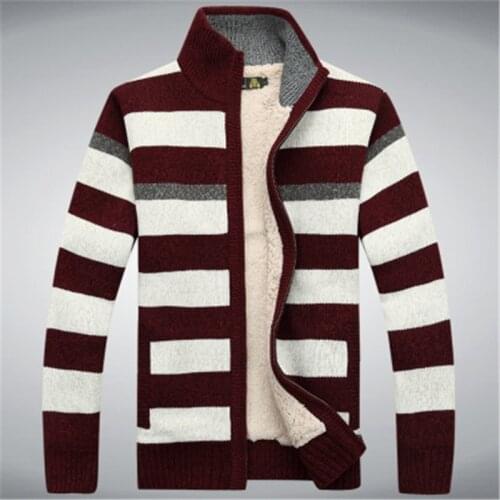 Winter Fleece Thicken Sweater Men Knitted Cashmere Stripe Mens Wool Cardigan sweaters agasalho masculino size M -3XL