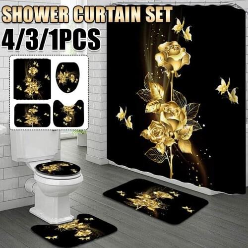 4/3/1PCS Gold Rose Print Bathroom Shower Curtain Waterproof Non-Slip Bath Mat Sets Toilet Cover Kitchen Carpet with 12 Pcs Hooks