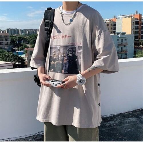 2021 Cool Loose Gray Print T Shirt Men Casual Summer Japan Tops Funny Cute T Shirts O-neck High Street Korean Style Tees Male