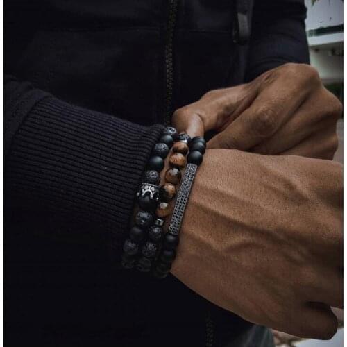 3pcs/Set Crown Bracelet Black Matte Onyx Stone Beads Braclets Heren Armband Bileklik Erkek Handmade Jewellery Men Accessories
