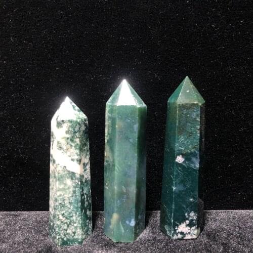 70-90 mm Moss Agate Hand-Polished Hexagon Point Chakra Healing Reiki Stone Home Decoration Stone Handicraft Decoration Point