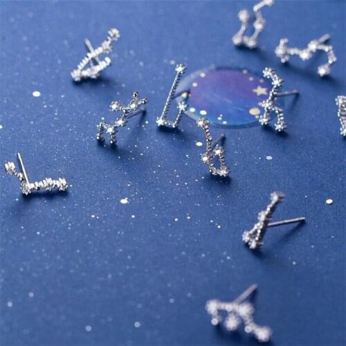 925 Solid Real Sterling Silver Jewelry 12 Constellation Aries Pisces Taurus Gemini Stud Earrings Birthday Gift For Women Girls