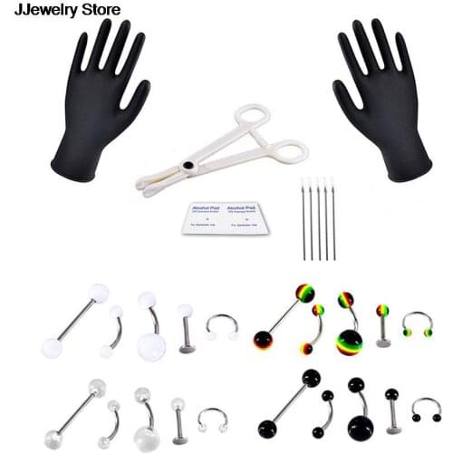 Hot Sale 1Set Tongue Eyebrow Nose Belly Button Body Jewelry Piercing Rings Clamp Gloves Needles Tool Kit Ear Plug Prong Studs