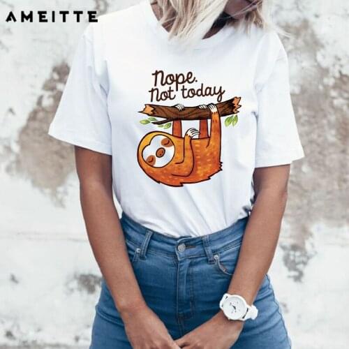AMEITTE Summer Tops Funny Cute Sloth Hanging Tree T Shirts Women Crazy Sloth Nope Print Fashion All-match Female White Tee Shirt