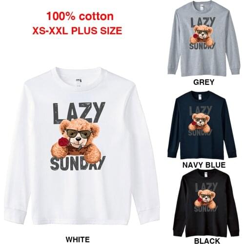 BLINGPAW Spring/Autumn Teddy Bear Rose Lazy Sunday Graphics Unisex Long Sleeve T-Shirt O-Neck Tops Casual 100% Cotton