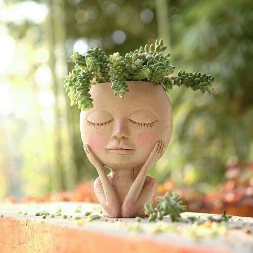 Face Portrait Flower Pot Head Planter Pot Closed Eyes Shape Succulent Planter Cute Resin Planter Vase With Drainage Hole