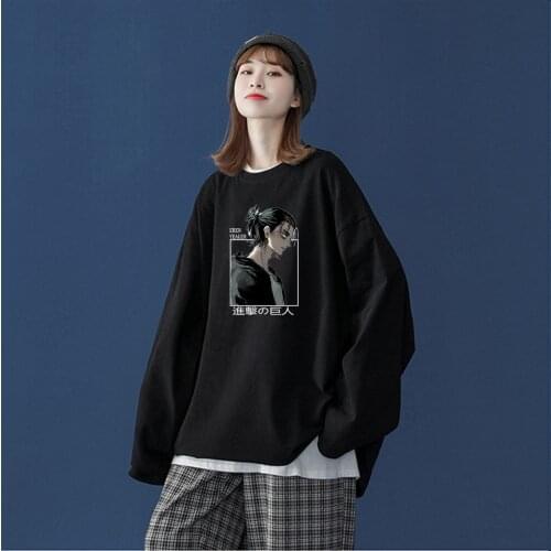 Harajuku Manga Eren Jaeger Attack on Titan Anime T Shirts Cotton Black Long Sleeve T-shirt Gothic Cartoon Men Oversized Tshirt