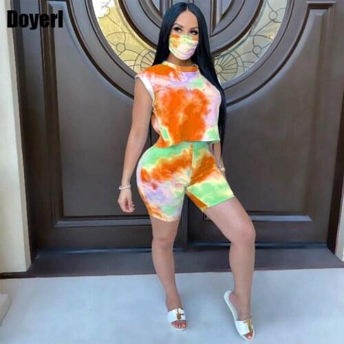 Tie Dye Two Peice Set for Women Summer Biker Shorts Set Club Casual Outfits Sport Suit Matching 2 Piece Crop Top Sets Tracksuit