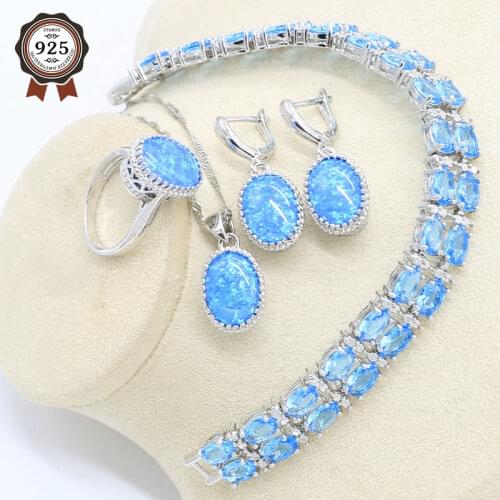 Oval Blue Opal Earrings Necklace Pendant Ring Silver Color Jewelry Set for Women Sky Blue Crystal Bracelet Wedding Birthday Gift