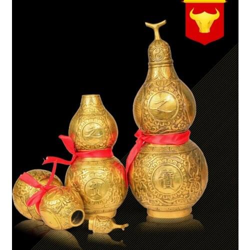 Brass Feng Shui Good Luck Gourd Wu Lou Hu Lu Chinese Handwriting Symbol Statue Charm of Prosperity Harmony Home Decoration Gift