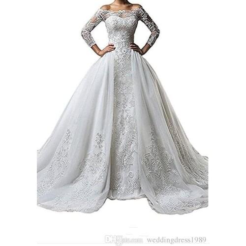 Hot Sale Crystal Flowers Ball Gown Wedding Dresses2020 New 7-point Sleeve Muslim Lace Appliques Wedding Gowns Bridal Dress