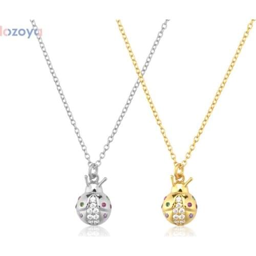 LOZOYA 925 Sterling Silver Gold Ladybug Animal Colorful Pendant Zircon CZ Pave Long Chain Luxury Jewelry Fine Jewellry Gift