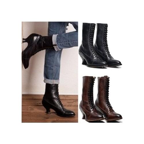 Fashion Medieval Knight Gothic Winter PU Leather Medium Boots Women Princess Retro Vintage Punk High Heel Shoes Victoria Costume