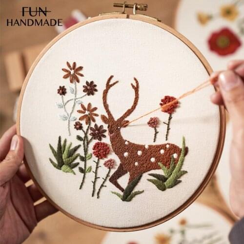 DIY Flowers Plants Deer Embroidery kit Elk Materials Package Handmade Cross Stitch With Hoop Christmas Decor Gift