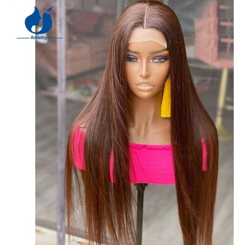 Amethyst #4 Brown Silk Straight Human Hair Wigs Brazilian Remy 5x5 Pu Silk Base Lace Closure Wigs With Baby Hair For Black Women