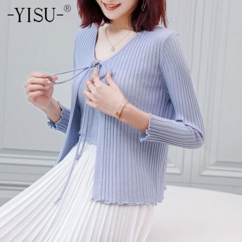 YISU 2021 Women Sweaters Summer tops Solid color Two-piece suit Short sleeve Jumper Sweater Casual Knitted Pullover Thin section