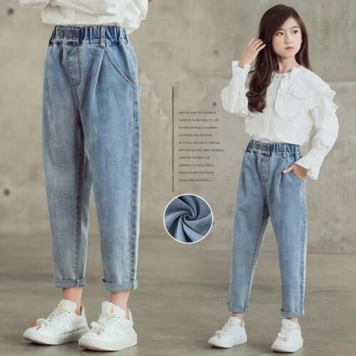 Spring 2021 Teenage Jeans Pants Cotton Solid Color Denim Trousers Korean Children Elastic Waist Loose Pant 8 To 12 Years Kids