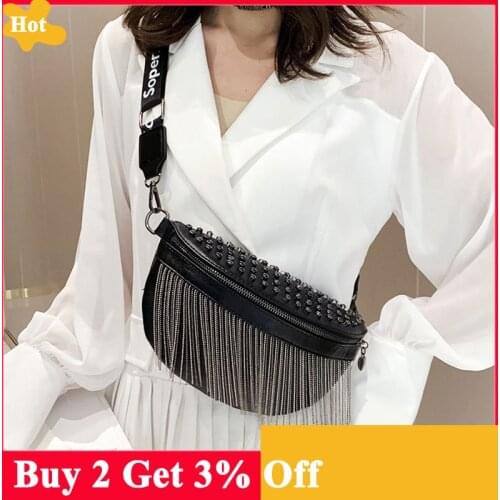Women Punk Rivet Waist Bags Tassel Cool Fanny Pack Leather Chest Belt Bags Crossbody Shoulder Phone Money Bum Hip Purse