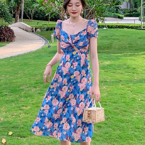 Women Midi Floral Chiffon Dresses Summer 2021 Runway Elegant Boho Vintage Korean Tropical Beach Vacation Dresses