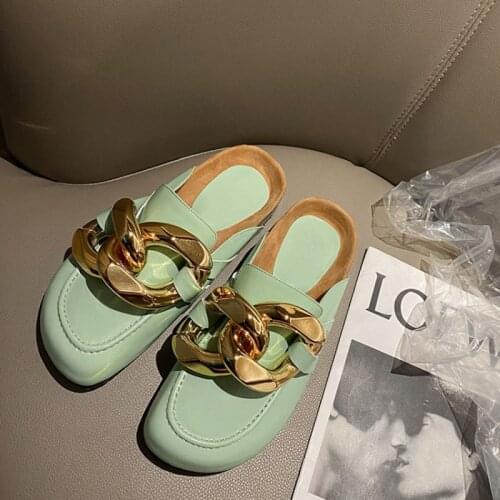 Big chain round toe genuine leather women slippers casual flat women shoes