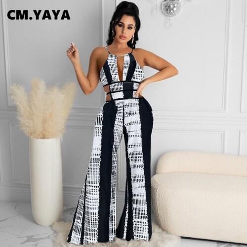 CM.YAYA Women Patchwork Leopard Hatler Neck Backless Jumpsuit High Waist Sleeveless Beach Straight Rompers Outfits Summer