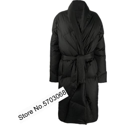 2020 Winter Ladies Black Feather Down Jacket - Women Stylish Belted Padded Coat
