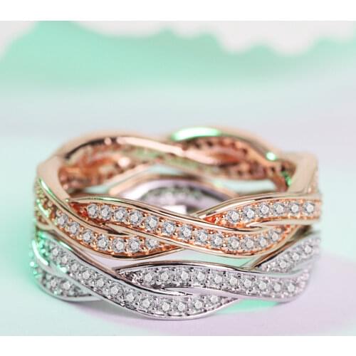 Twist Shape Double Row Rose Gold Wedding Ring for Women Micro-inlaid Simulation Ring Fashion Jewelry Engagement Love Rings Gift
