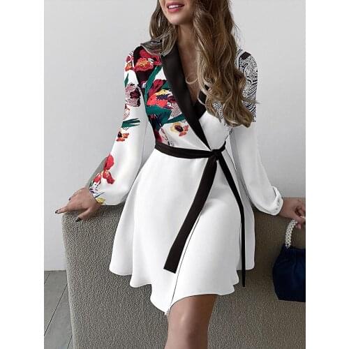 Sheinset Y2K Sexy Plain V Surplice Neck Long Sleeve Mini Work Drawstring Vestidos Women Floral Dress
