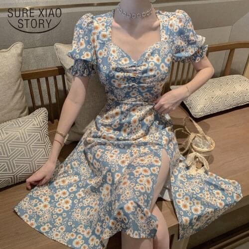 Summer New Floral Dress Women French Style Puff Sleeve Chiffon Split Dress Oversize Korean Print Dress Women Summer Clothes14555