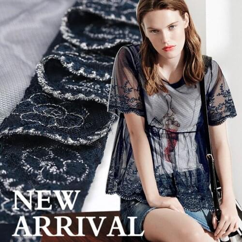 130CM Wide Dark Blue Gauze Embroidered Lace One-piece dress Wedding Dress Cloth Fabric E052