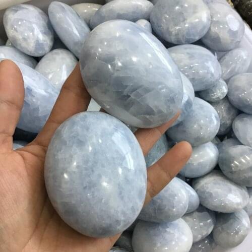 2pcs Natural Blue Celestite Palm Stones Polished Oval Shape Healing Quartz Minerals Carving Calcite For Exercise Gifts