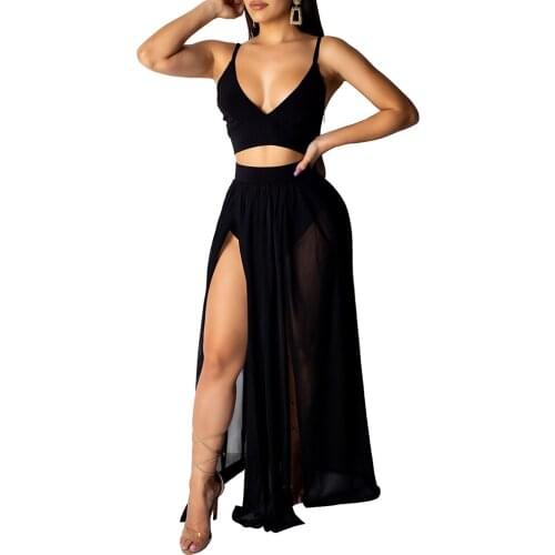 2021 Spring Summer Women Fashion Sleeveless Deep V Sexy Bare Tops & High Slit Maxi Skirt Suits Long Dress Festival Club Clothing