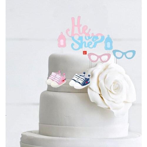 7 Pcs/set Lovely He or She Shoes Glasses Gender Reveal Party Girl or Boy Happy Birthday Cake Toppers for Baby Shower Cake Decor