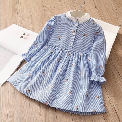 2021 Spring Autumn 2 3 4 6 8 10 12Years Long Sleeve Children Embroidered Floral Pattern Crew Neck Baby Kids Girl Striped Dresses