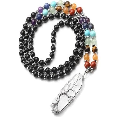 FYJS Unique Silver Plated Wire Wrap Irregular Shape Rock Crystal Pendant Black Agates Beads Chain Necklace Temperament Jewelry