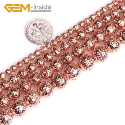 Rose Gold silver plated gold Metallic Coated Round Volcanic Rock Stone Beads For Jewelry Making Strand 15 inch DIY gift Necklace