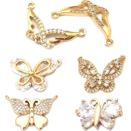 40654)10PCS 24K Champagne Gold Color Brass and Zircon 2 Holes Mask Connect Charms Pendants Jewelry Making Supplies Findings